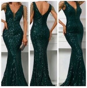 Dark Green, Sleeveless  Deep V Neck,  Rhinestone Draped,  Contras Sequin…